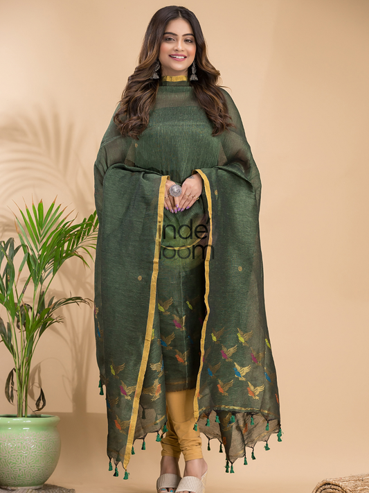 Handwoven Jamdani Cotton Linen Unstitched 2-piece Kurti  |  Army Green