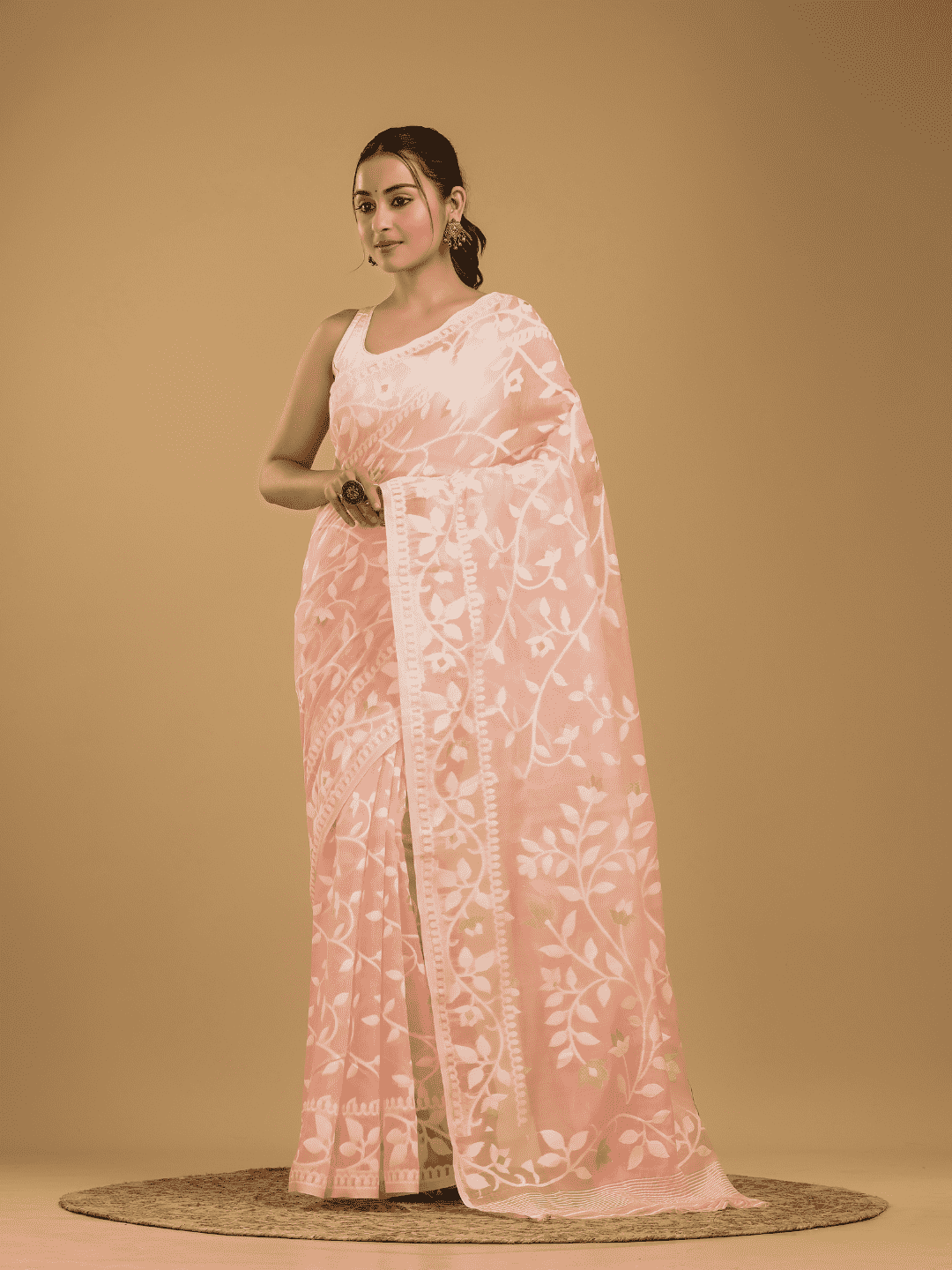 Light Pink Cotton Silk Jamdani Saree - 023 - indeloom