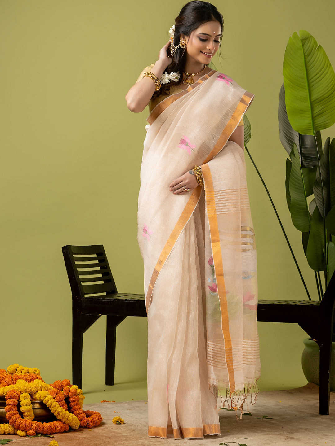 Pure Jamdani Linen Saree | Cream White  and White  | Half and Half style with Contrast Border