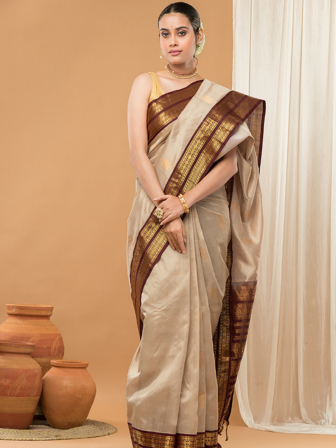 Pure Handloom Korvai Saree | Light Gold and Golden Dark Brown