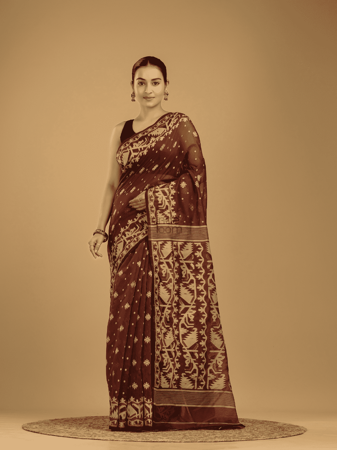 Dark Brown Soft Silk Jamdani Saree - 003 - indeloom