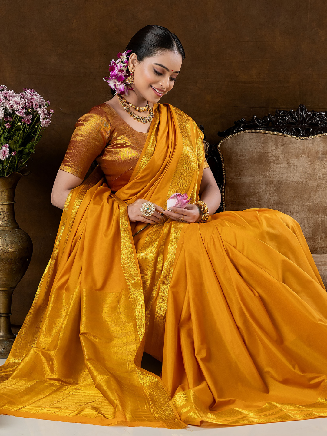 Classic Mysore Semi Silk Saree | Mustard Gold