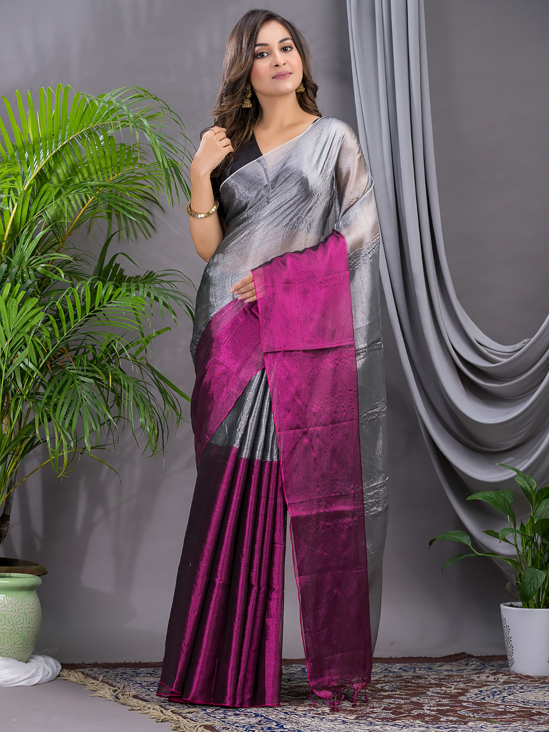 Tissue Silk Saree With Steel Grey - 010