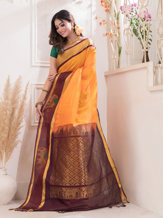 Pure Handloom Korvai Silk Cotton Saree in With Pumpkin Orange- 500