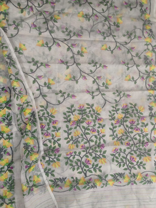 Handwoven Pure Jamdani Cotton Saree  |  Pearl White