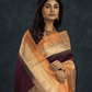 Pure Handloom Korvai Silk Cotton Saree in Deep Purple with Beige and Golden Orange with Temple border - 119