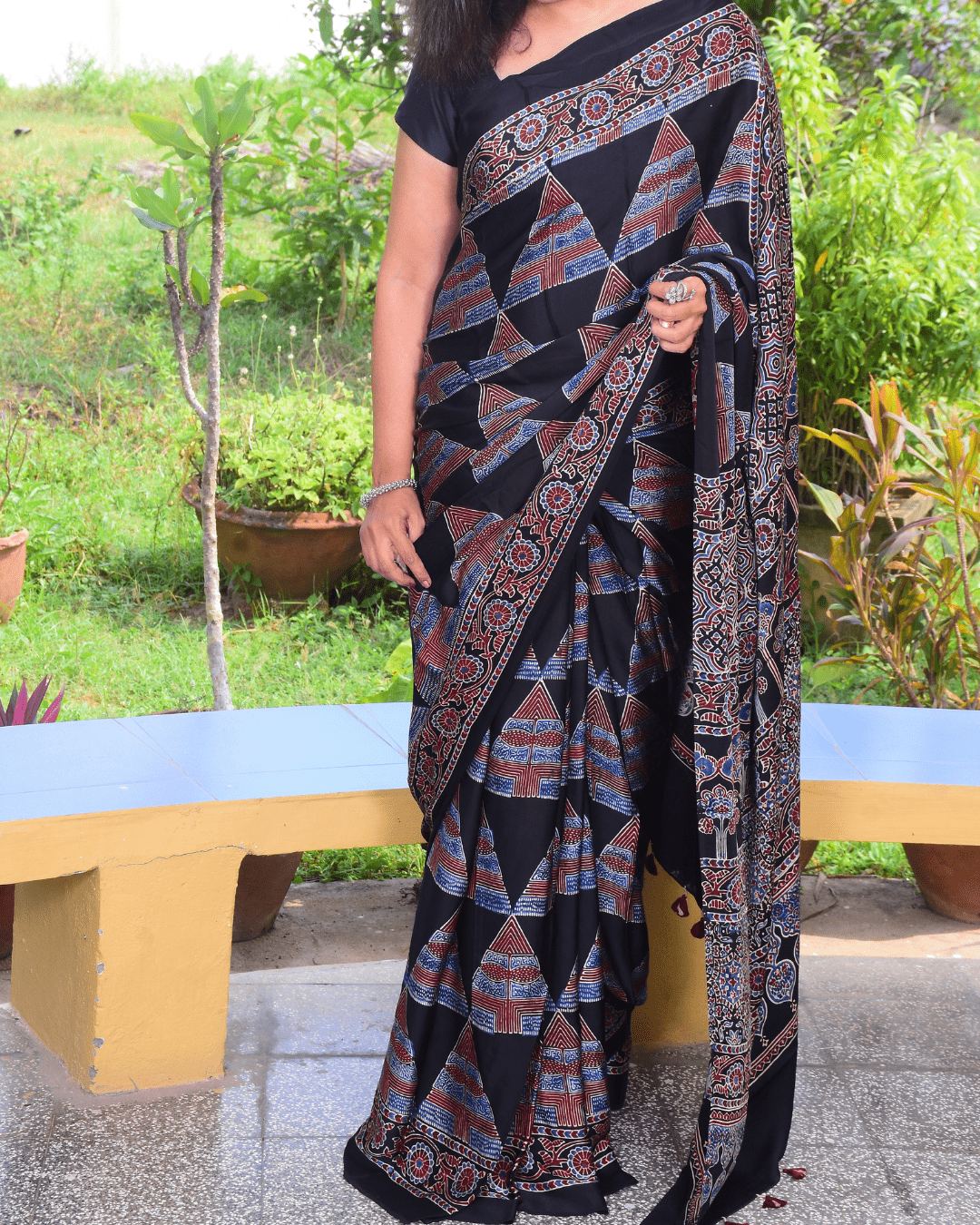 Ajrakh Exclusive Designer Modal Silk in Black, Blue and Maroon with Intricate Pattern - 032 - indeloom