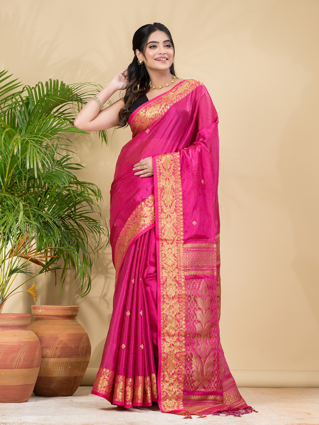 Tissue Silk Saree With Hot Pink - 028
