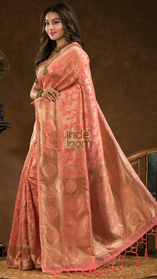Floral woven design Silk blend Jacquard Saree | Peach Pink