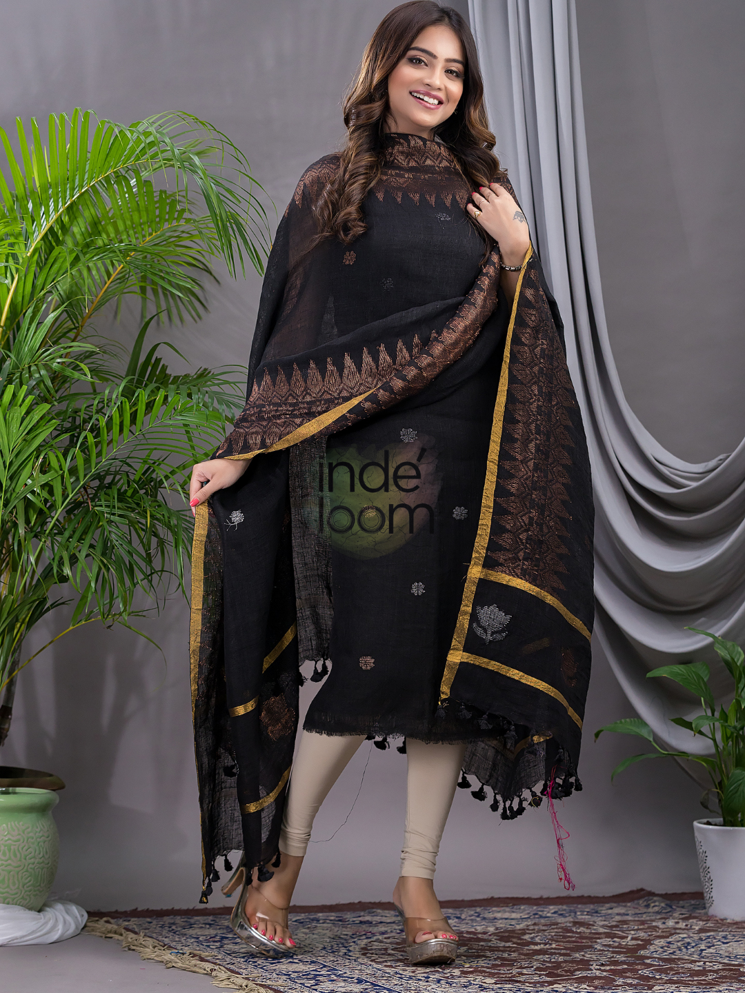 Coal Black Linen X Linen 2-Piece Set Kurti & Dupatta (UNSTITCHED) - 103