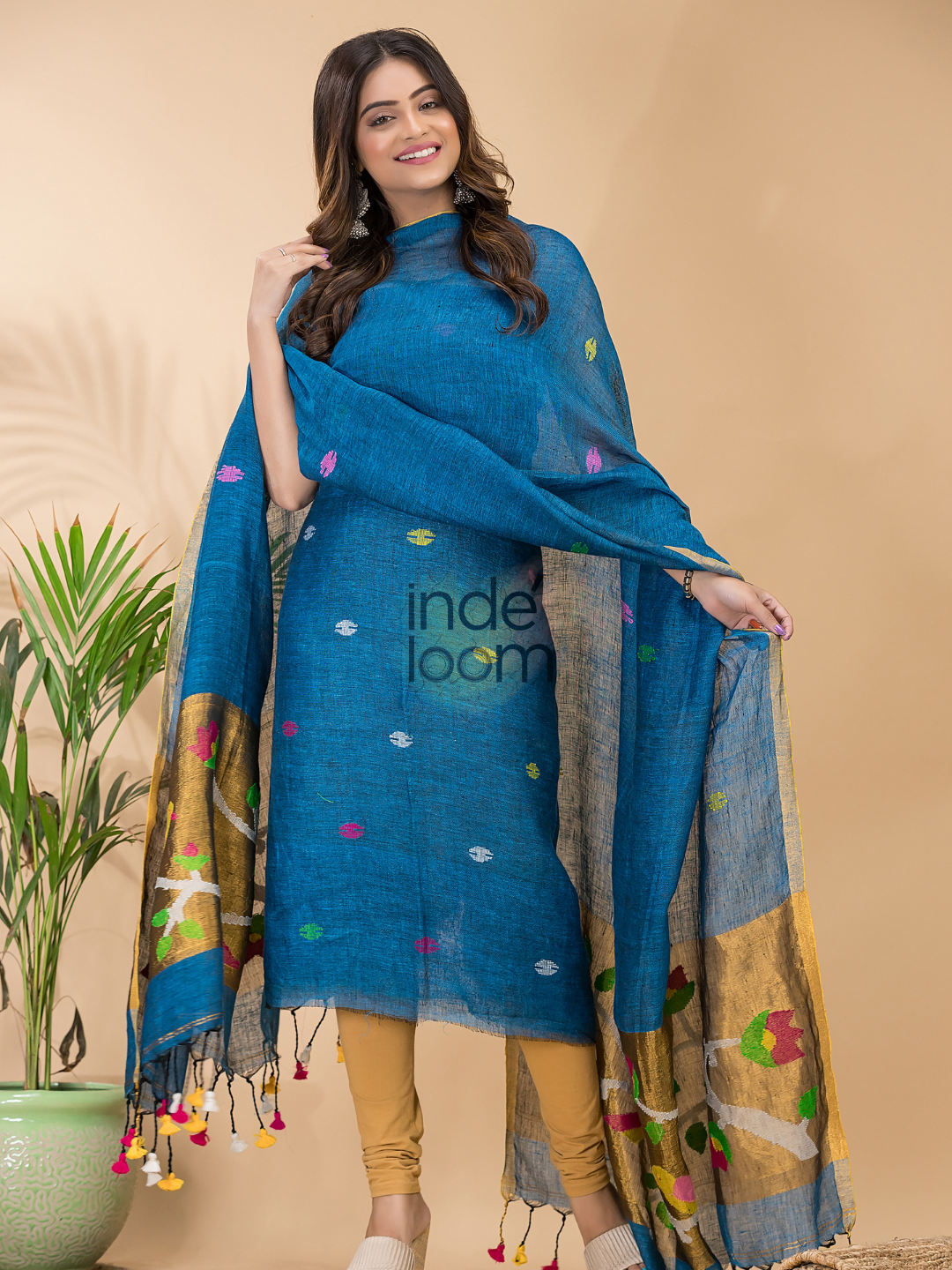 Classic Blue Linen X Linen 2-Piece Set Kurti & Dupatta (UNSTITCHED) - 074