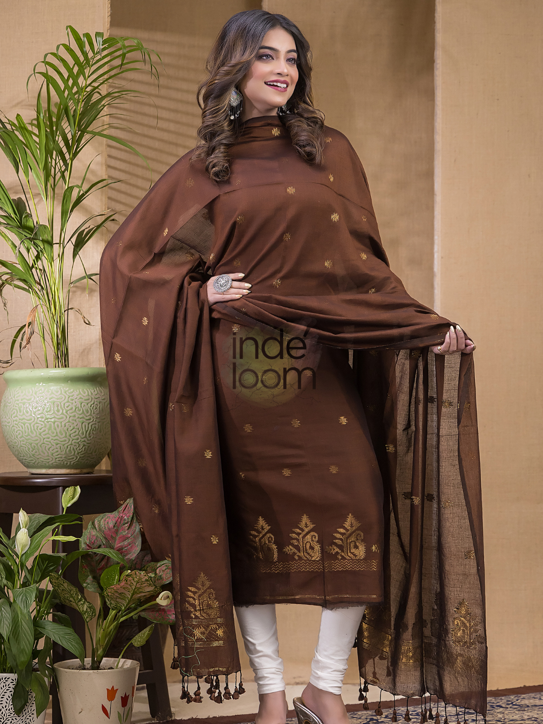 Copper Brown Natural Dye Cotton by Cotton (100 Count Soft Cotton) 2 Piece Set Kurti & Dupatta (UNSTITCHED) -651