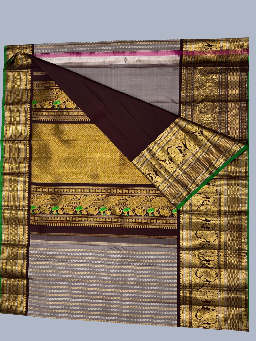 Pure Handwoven Gadwal Silk Saree Gray-203