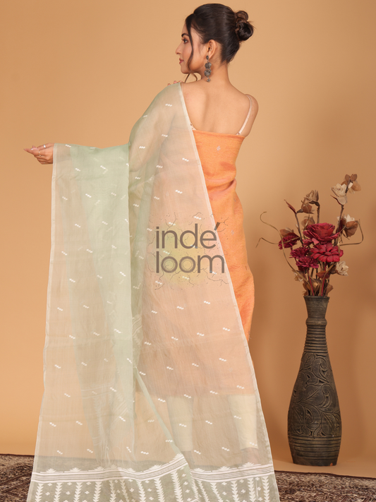 Pure Handloom Muslin Jamdani Dupatta With Pear Green  - 006