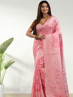 Chanderi Cotton Saree with Geometric design In Baby Pink (Precision Looms) - 013