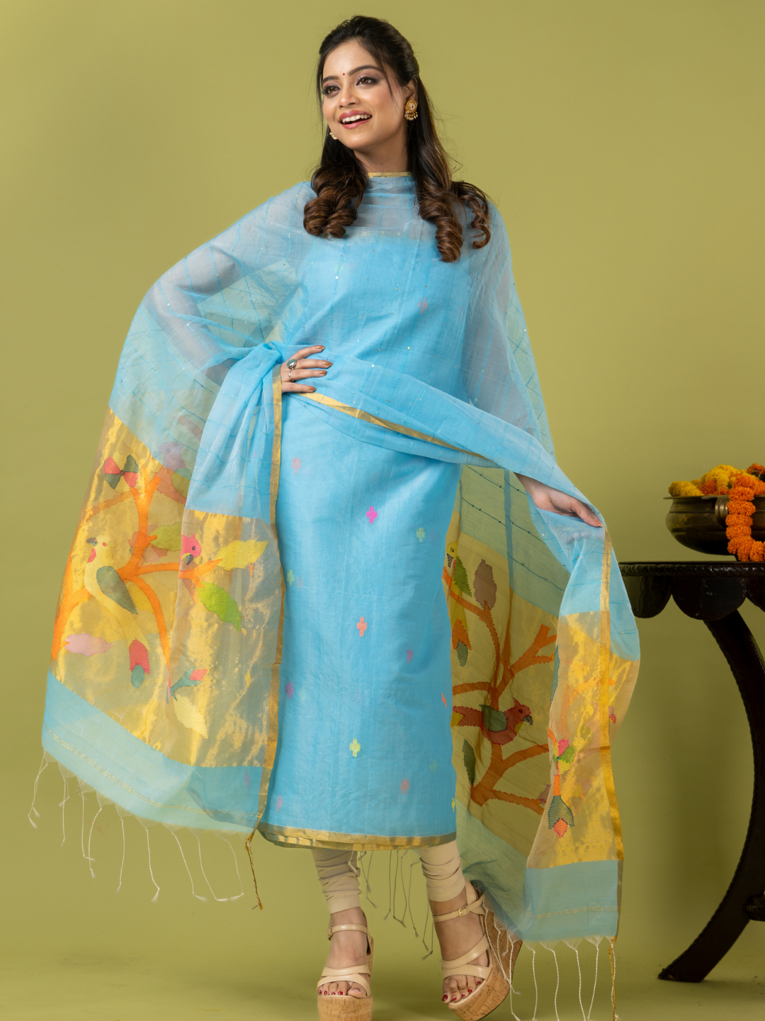 Handwoven Jamdani Muslin Unstitched 2-piece Kurti | Sky Blue