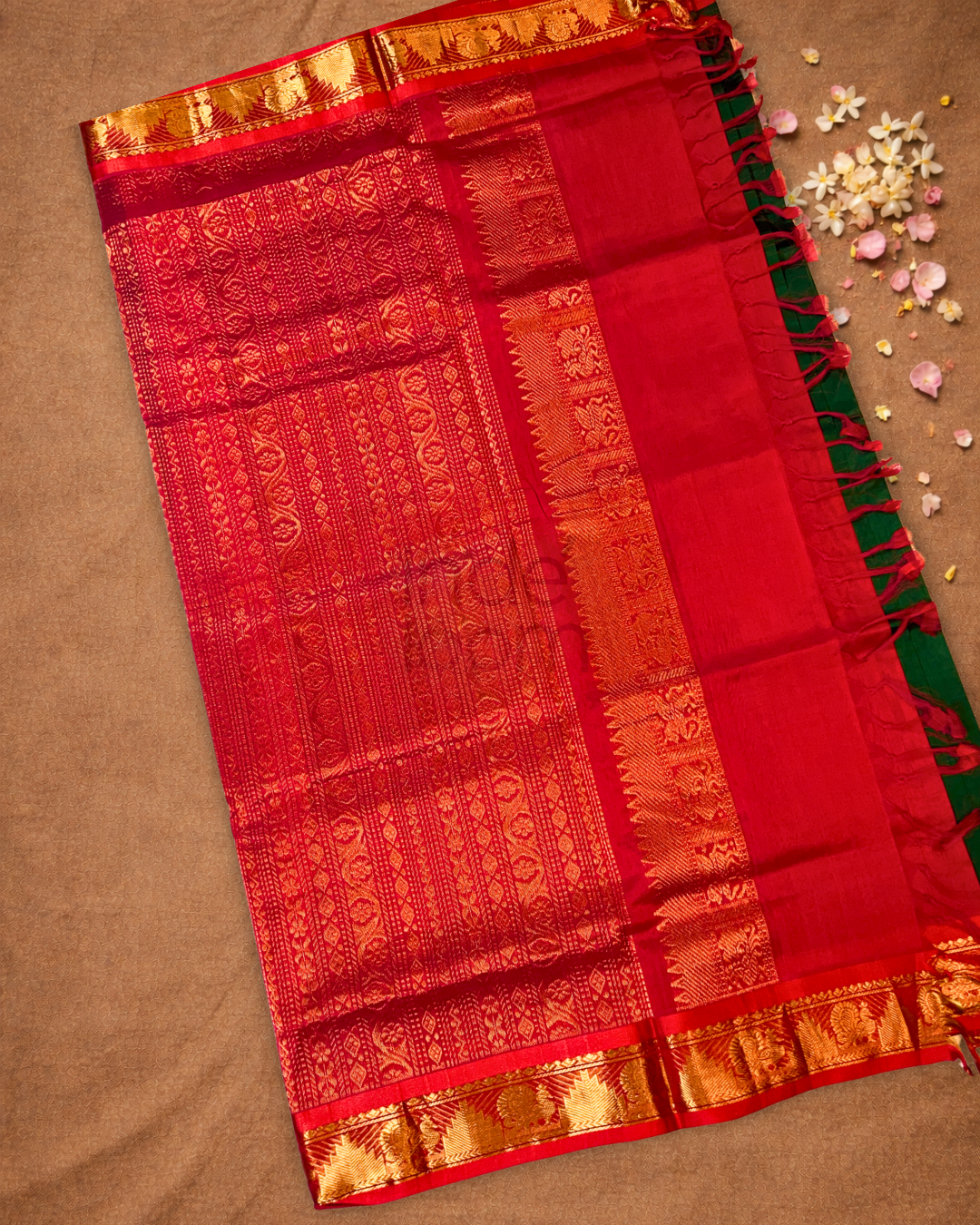 Handloom Korvai Silk Cotton Saree  |  Bottle Green