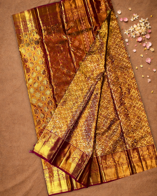 Silk Mark Certified Handloom Kanjivaram Silk Saree  |  Mustard Yellow