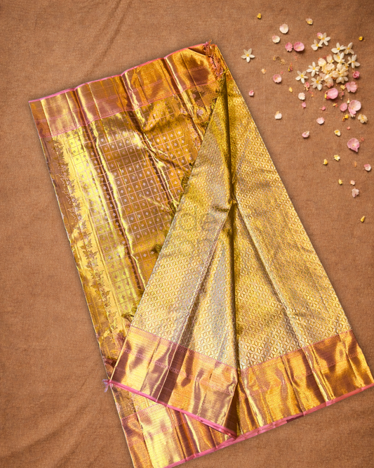 Silk Mark Certified Handloom Kanjivaram Silk Saree  |  Golden Yellow