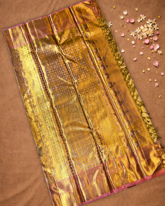Silk Mark Certified Handloom Kanjivaram Silk Saree  |  Golden Yellow