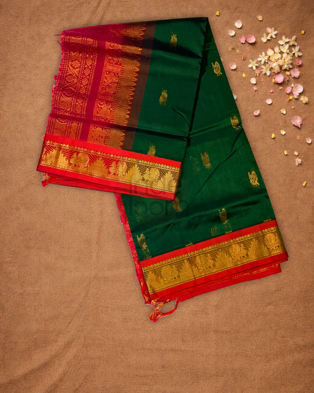 Handloom Korvai Silk Cotton Saree  |  Bottle Green
