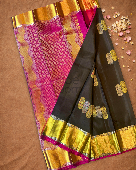 Silk Mark Certified Handloom Kanjivaram Silk Saree  |  Midnight Black