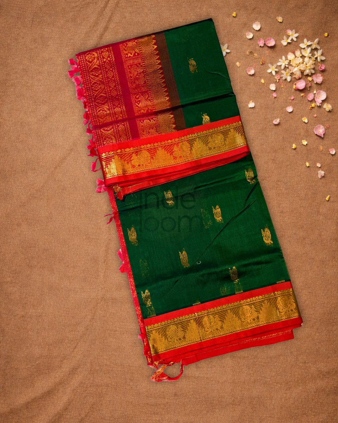 Handloom Korvai Silk Cotton Saree  |  Bottle Green