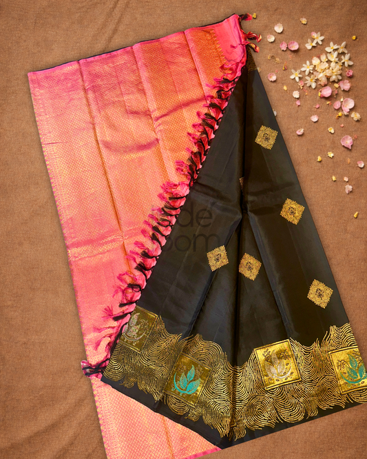 Silk Mark Certified Handloom Kanjivaram Silk Saree  |  Midnight Black