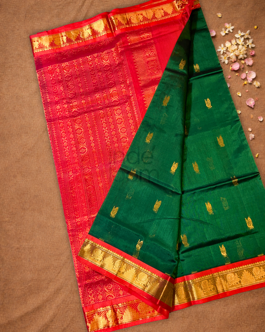 Handloom Korvai Silk Cotton Saree  |  Bottle Green