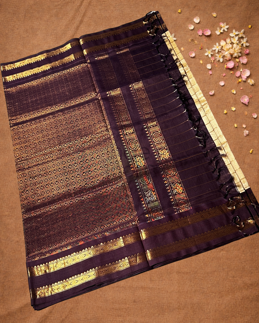 Handloom Korvai Silk Cotton Saree  |  Champagne Beige