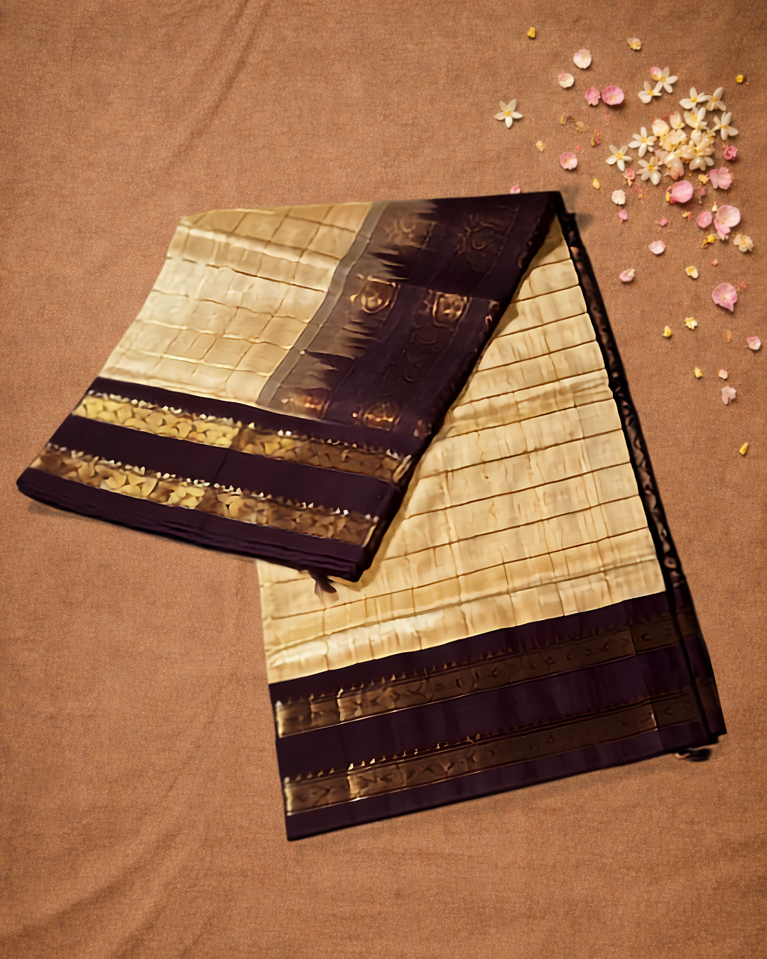 Handloom Korvai Silk Cotton Saree  |  Champagne Beige