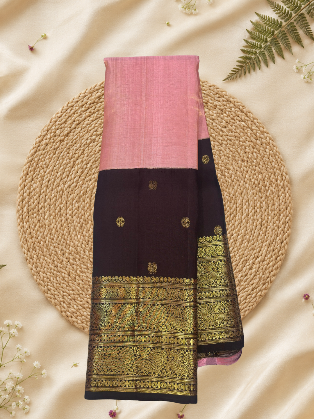 Handwoven Pure Gadwal Silk Saree  | Pink and Brown