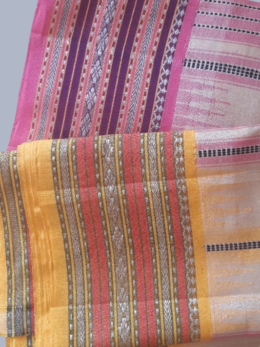 Light Pink And Orange Handloom Vidarbha Tussar Silk Saree with Multicolor Contrast Border -110