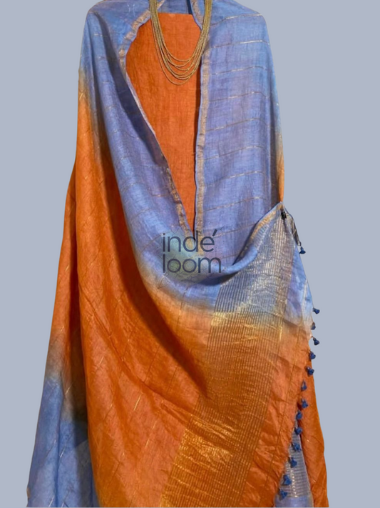 Neon Orange Handloom Linen X Linen 2-Piece Set Kurti & Dupatta (UNSTITCHED) - 859