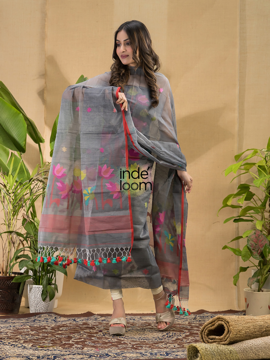 Handwoven Jamdani Muslin Unstitched 2-piece Kurti  |  Midnight Black