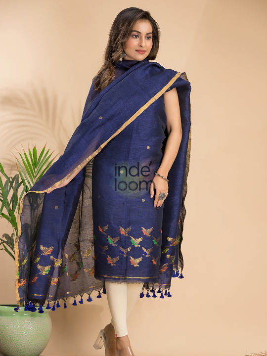 Handwoven Jamdani Cotton Linen Kurti  |  Steel Blue