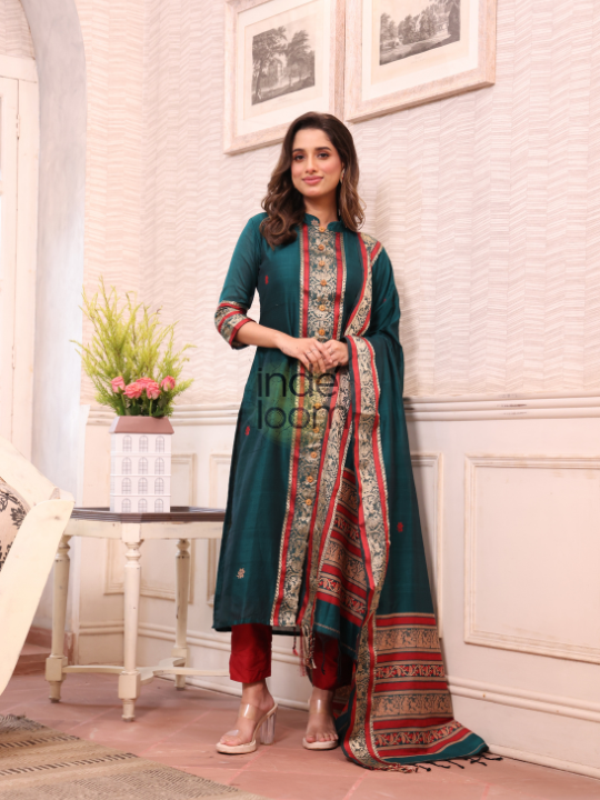 Teal Green | Handloom Jamdani Linen Unstitched 2-Piece Kurti | Baluchari Design