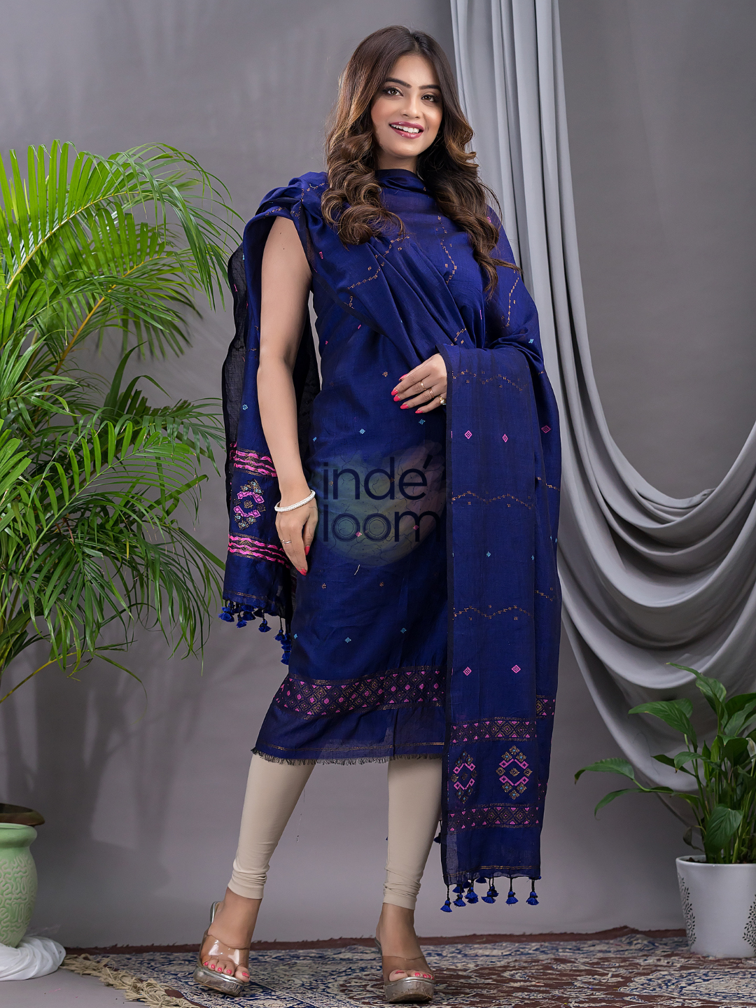 Berry Blue 120 Count Cotton Jamdani 2-Piece Set Kurti & Dupatta (UNSTITCHED) - 101