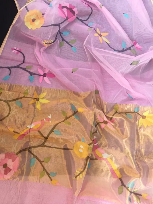 Baby Pink Hand Woven Muslin Paithani Jamdani Saree -112