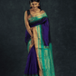 Pure Handloom Korvai Silk Cotton Saree in Rich Sapphire Blue and Teal Moss with Golden temple Border - 138