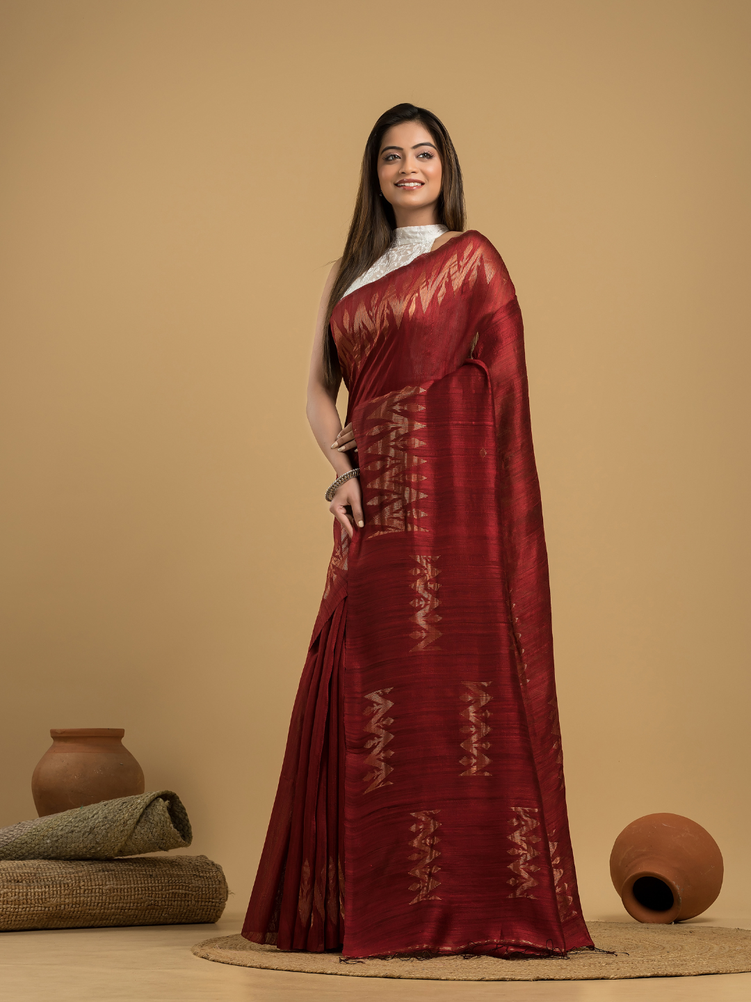 Matka Silk Jamdani Saree  With Blood Red - 084
