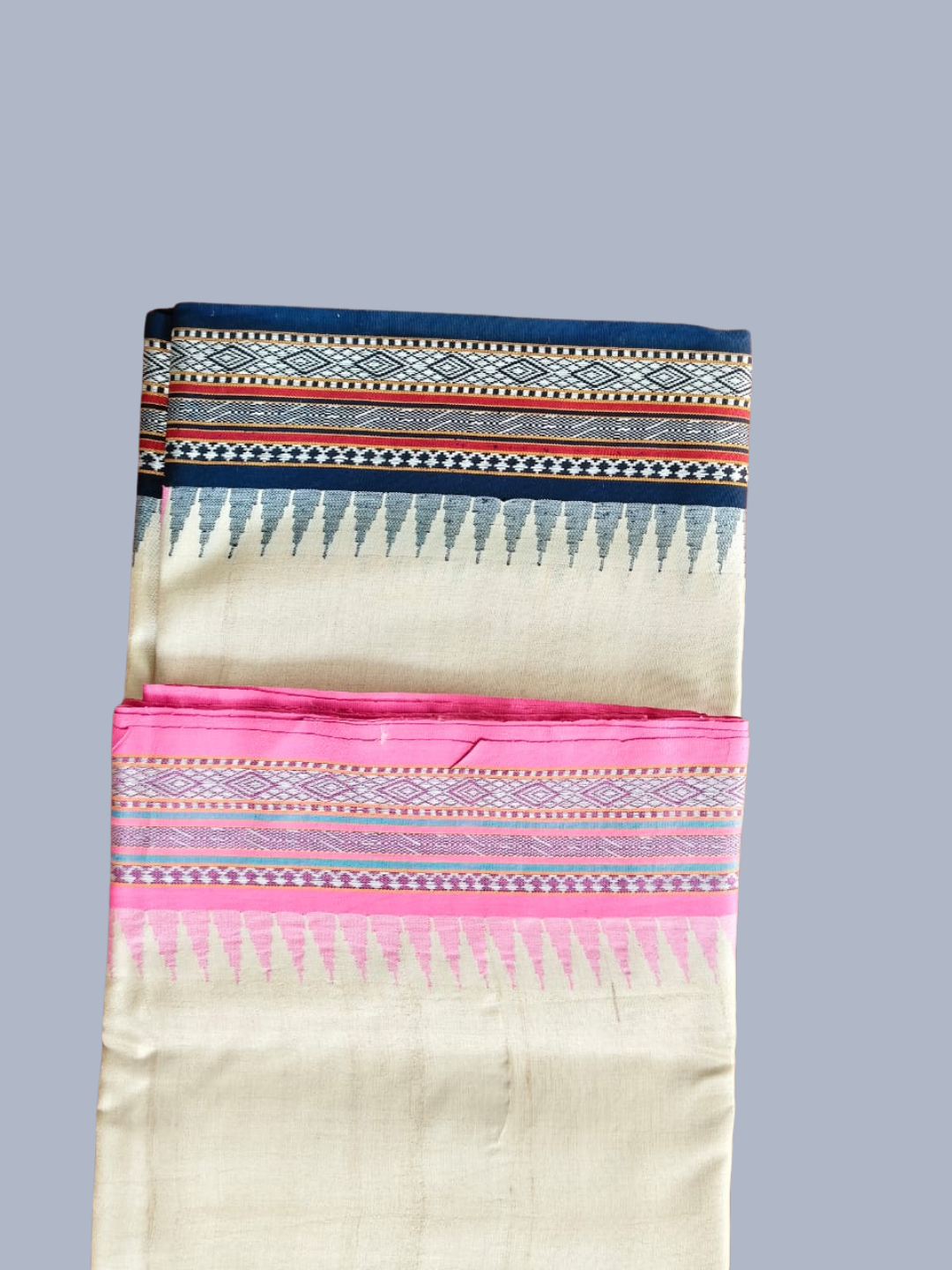 Blue and Pink Handloom Vidarbha Tussar Silk Saree with Multicolor Contrast Border -011