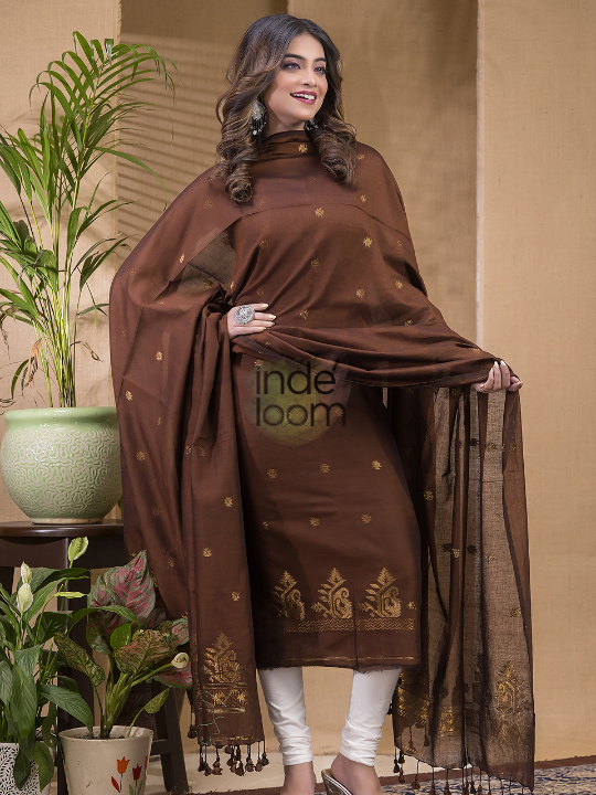 Cocoa Husk | Handloom Jamdani Cotton Unstitched 2-Piece Kurti | Meenakari Design
