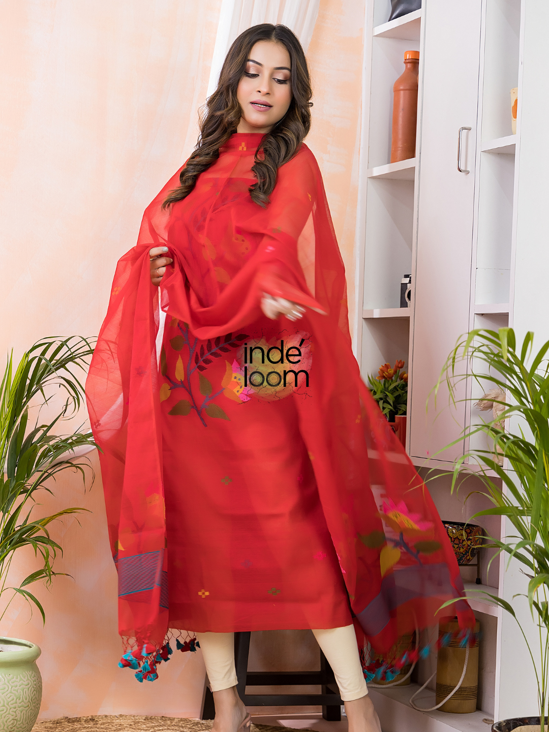 Handwoven Jamdani Muslin Kurti  |  Classic Red