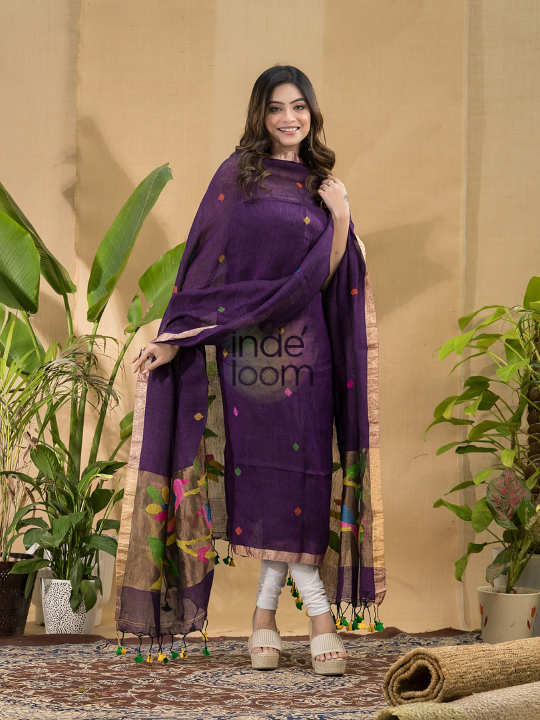 Handwoven Jamdani Muslin Kurti  |  Indigo Purple