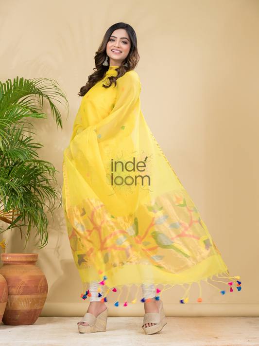 Handwoven Jamdani Muslin Unstitched 2-piece Kurti  |  Golden Yellow