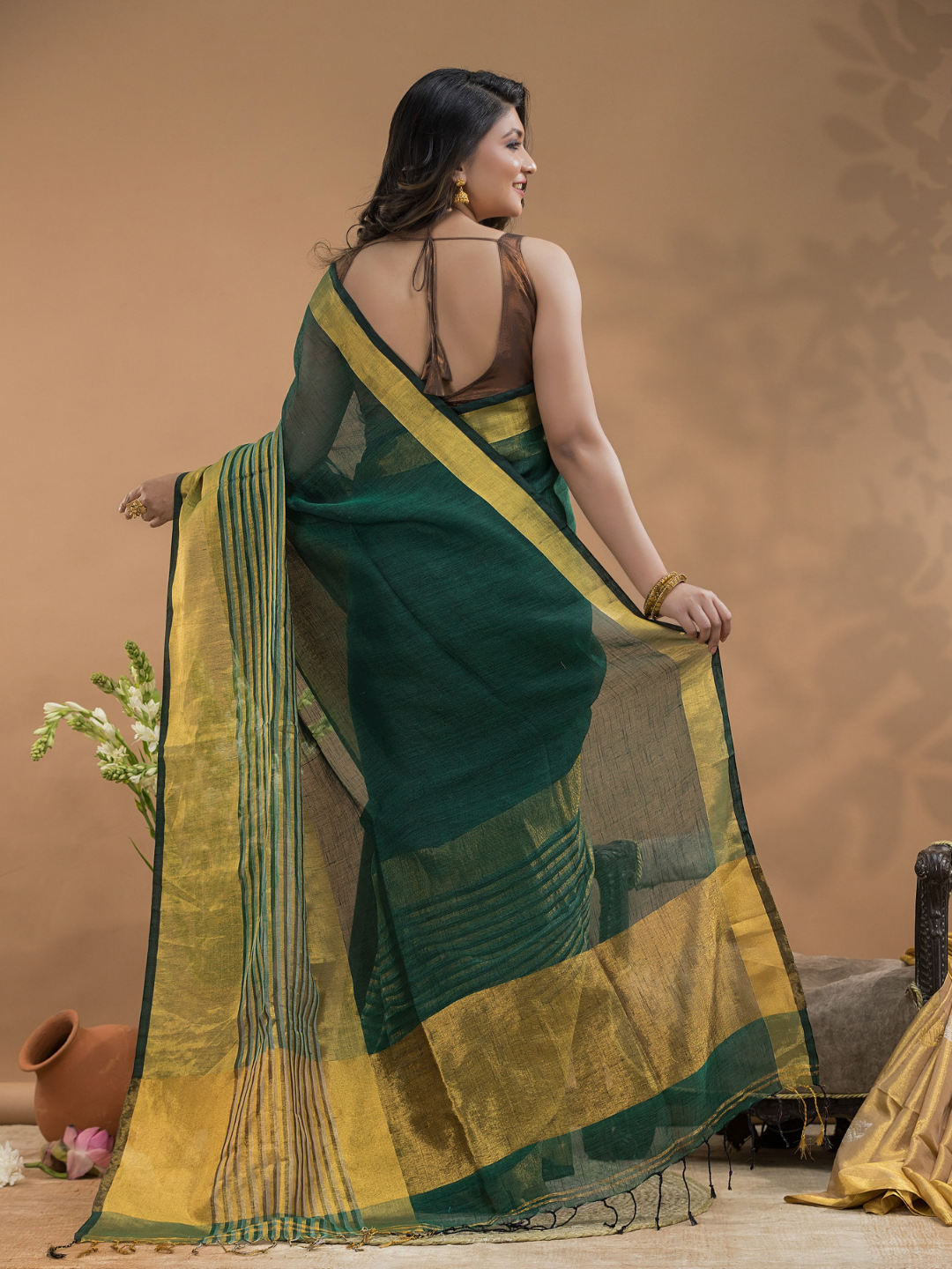 Tissue Silk Saree In Dark Green With Golden Border  -032
