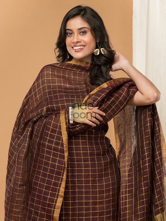 Handwoven Jamdani Linen Unstitched 2-piece Kurti  |  Espresso Brown