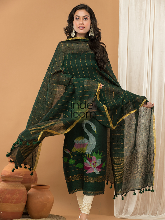 Handwoven Jamdani Linen Unstitched 2-piece Kurti  |  Bottle Green