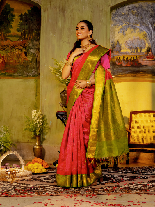 Pure Handloom Korvai Saree | Rani Pink and Leaf Green